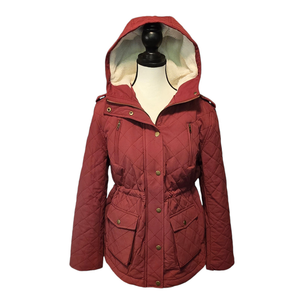 Eden Society Coat Womens Size Small Burgundy Quilted Sherpa Lined Hooded Warm - Picture 1 of 15